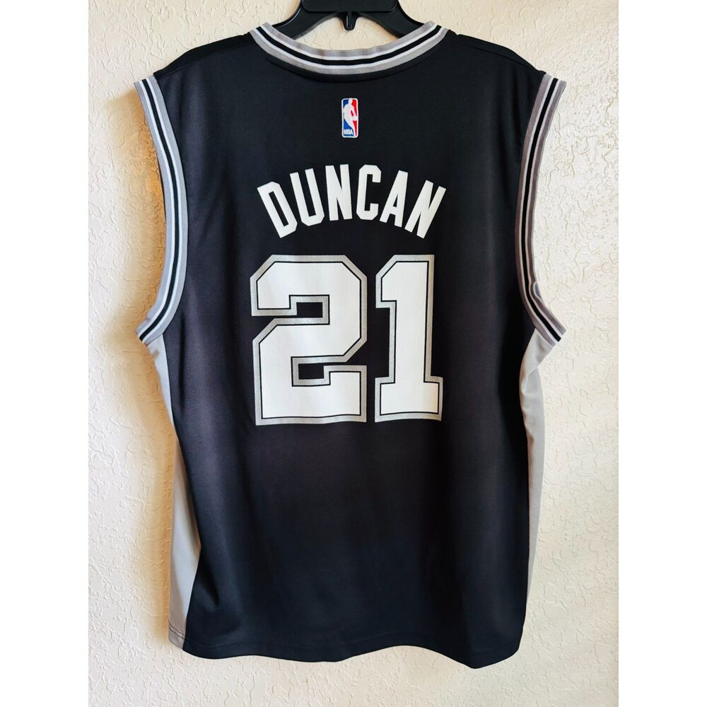 San Antonio Spurs Tim Duncan Adidas Black and Gray Jersey Large